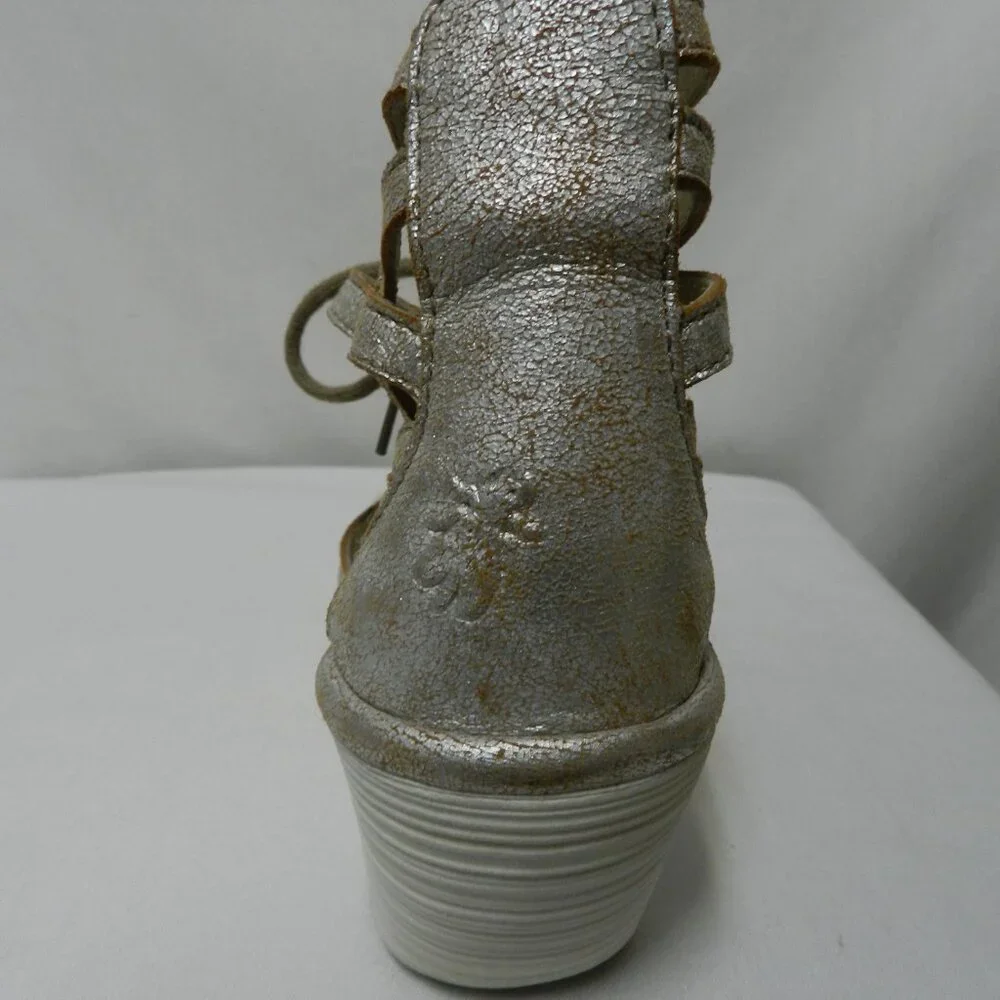 Fly London Yuke Leather Wedge Gladiator strappy sandals heels silver Size 38  8